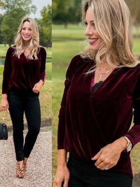Gibson x Glam Squad Burgundy Velvet Wrap Top Y2K Style Holiday